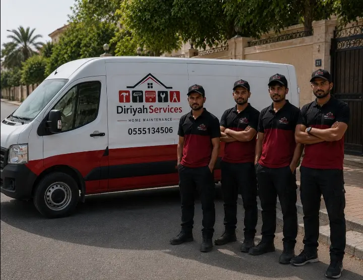 Diriyah Technical Services technician and branded van at a Dubai villa