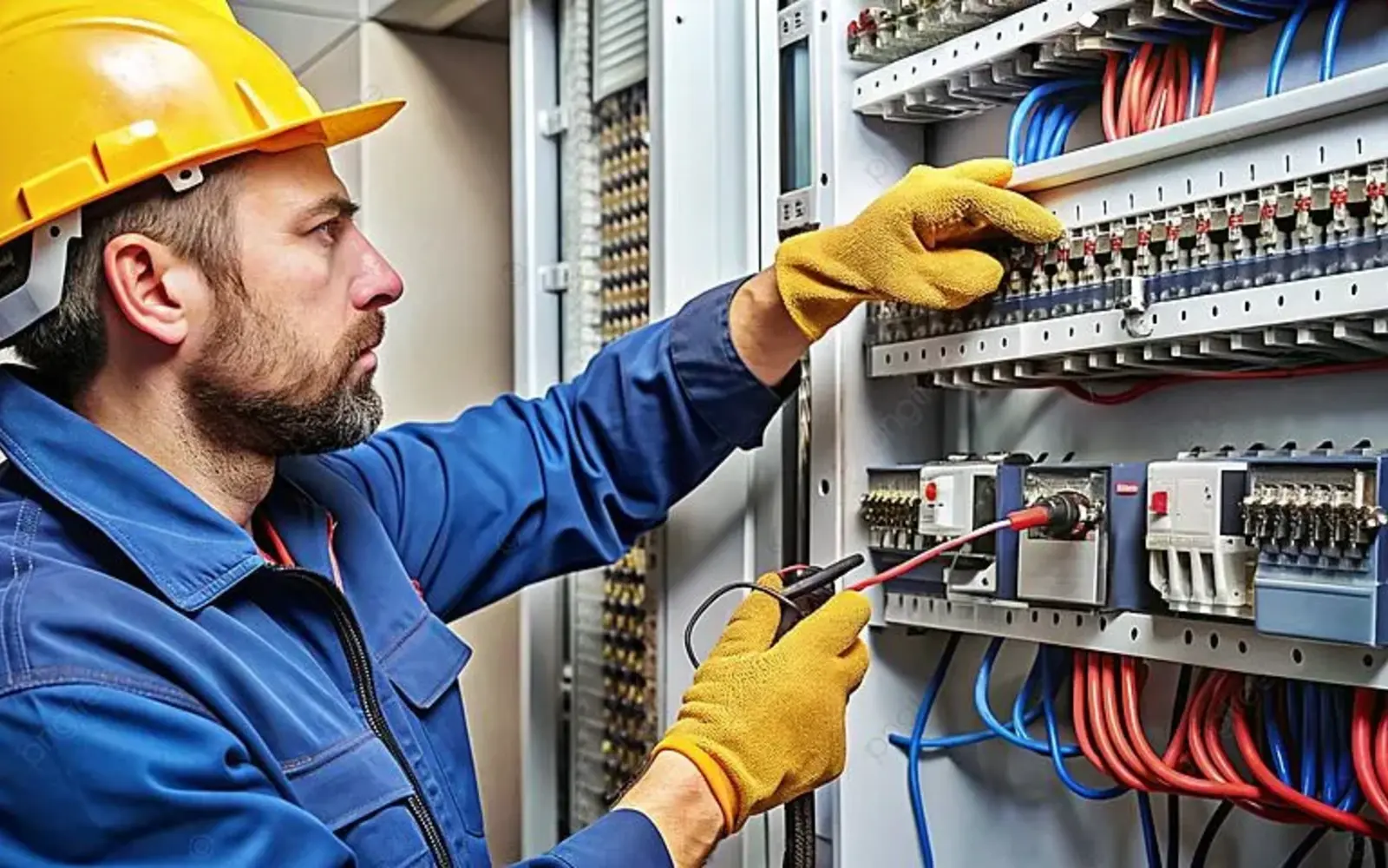 Electrician testing a distribution panel using insulated tools