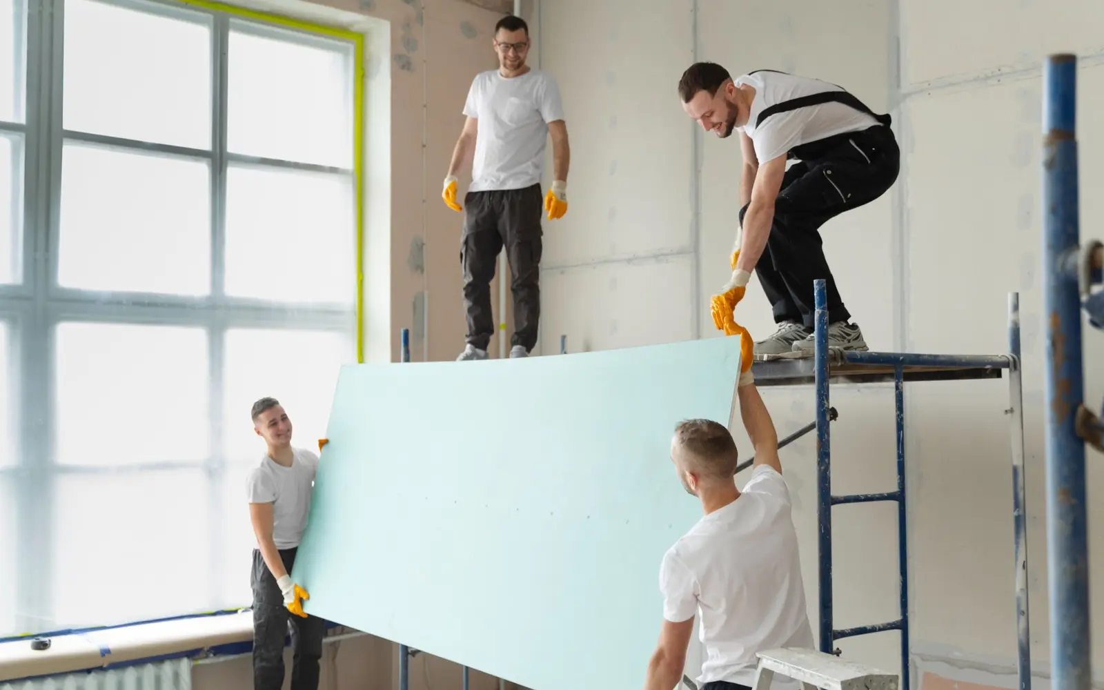 Technicians measuring and preparing light partition framing inside a modern property