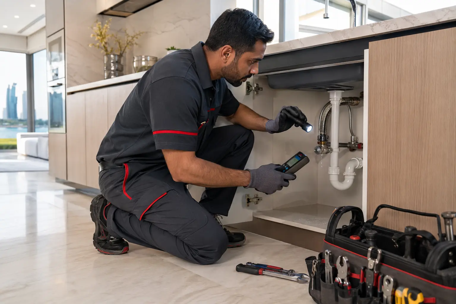 Plumber tracing a leak beneath a Dubai kitchen sink