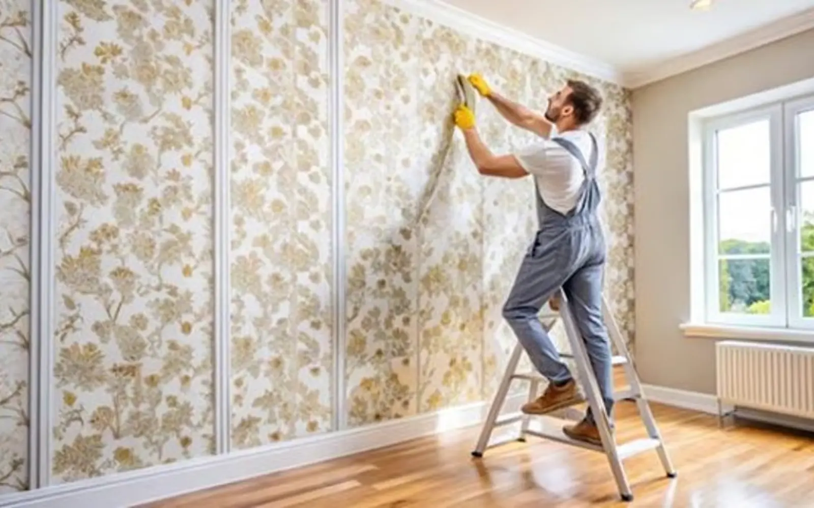 Wallpaper installer aligning patterned wall covering in a Dubai home